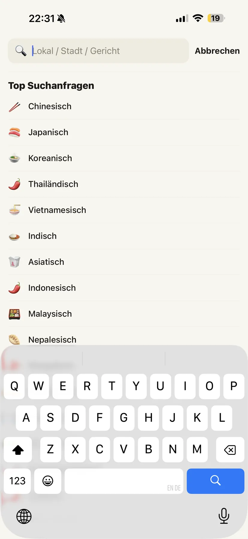 Suche nach Küche, Stadt oder Gericht