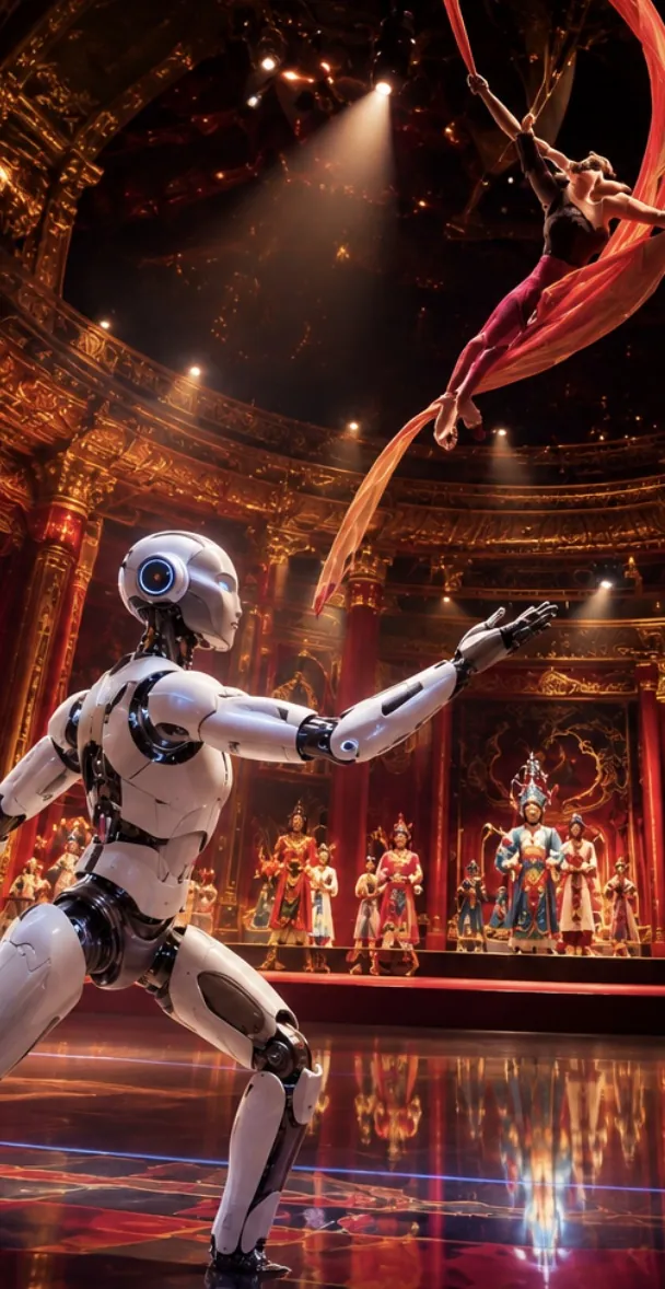 Roboter, Luftakrobatik an roten Seidenbändern und Opernensemble auf der Bühne des Theaters am Marientor