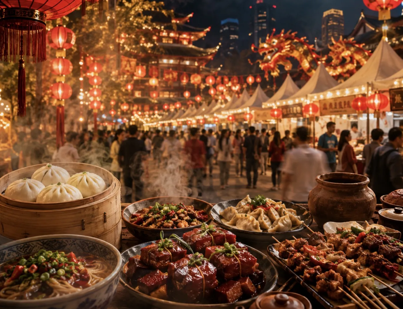 Nachtmarkt beim Chinafest: Laternen, Marktstände und Streetfood – Baozi, Jiaozi, Nudelsuppe und Spieße